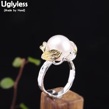 

Uglyless Natural Freshwater Pearls Rings for Women Elegant Evening Dress Fine Jewelry Real 925 Silver Leaf Open Ring Pearls R822