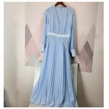 

V-neck Women Lace stitching Maxi Dress 2020 New Spring Summer Slim Waist Female Pleated Long Dresses
