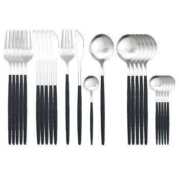 

24Pcs Black Silver Dinnerware Set Stainless Steel Cutlery Set Knife Fork Coffee Spoon Tableware Set Kitchen Dinner Tableware Set