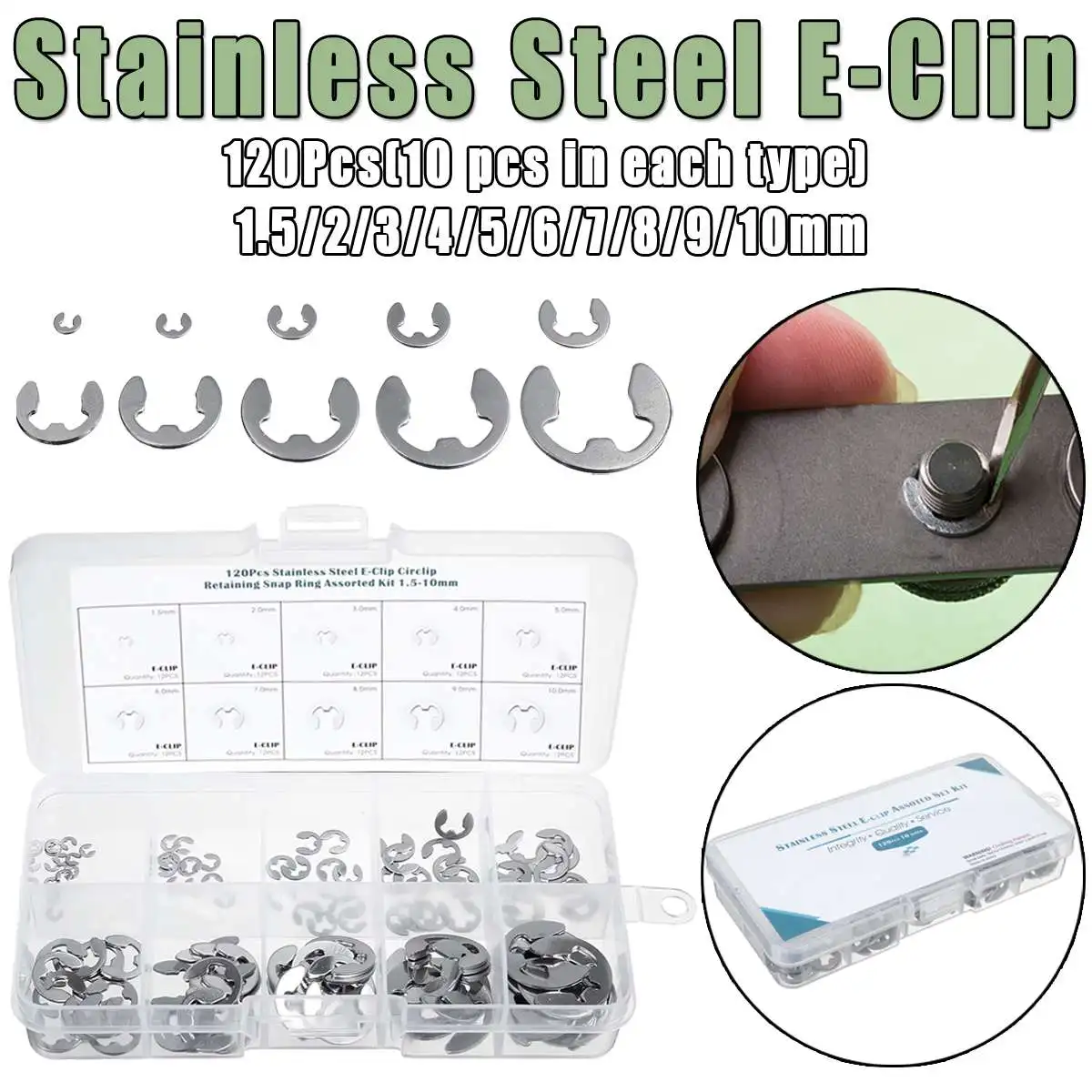 

120 pcs Stainless Steel E-Clip Snap Ring Assortment Kit Retaining Circlip HandWare Tools 1.5 2 3 4 5 6 7 8 9 10 mm M1.5~M10