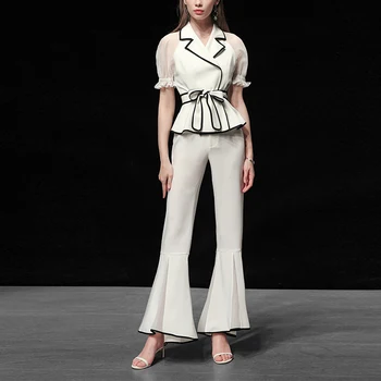 

Seifrmann Fashion Designer Summer office Suits Ladies Lantern Sleeve Ruffles Lace up Top＋Slim Flare Pants 2 Two Piece Set