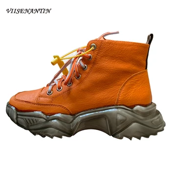 

New Genuine Leather Epoxy Short Boots Women's Autumn Winter Platform Short Boots Thick-soled Sports Thin Fashion Ankle Boots