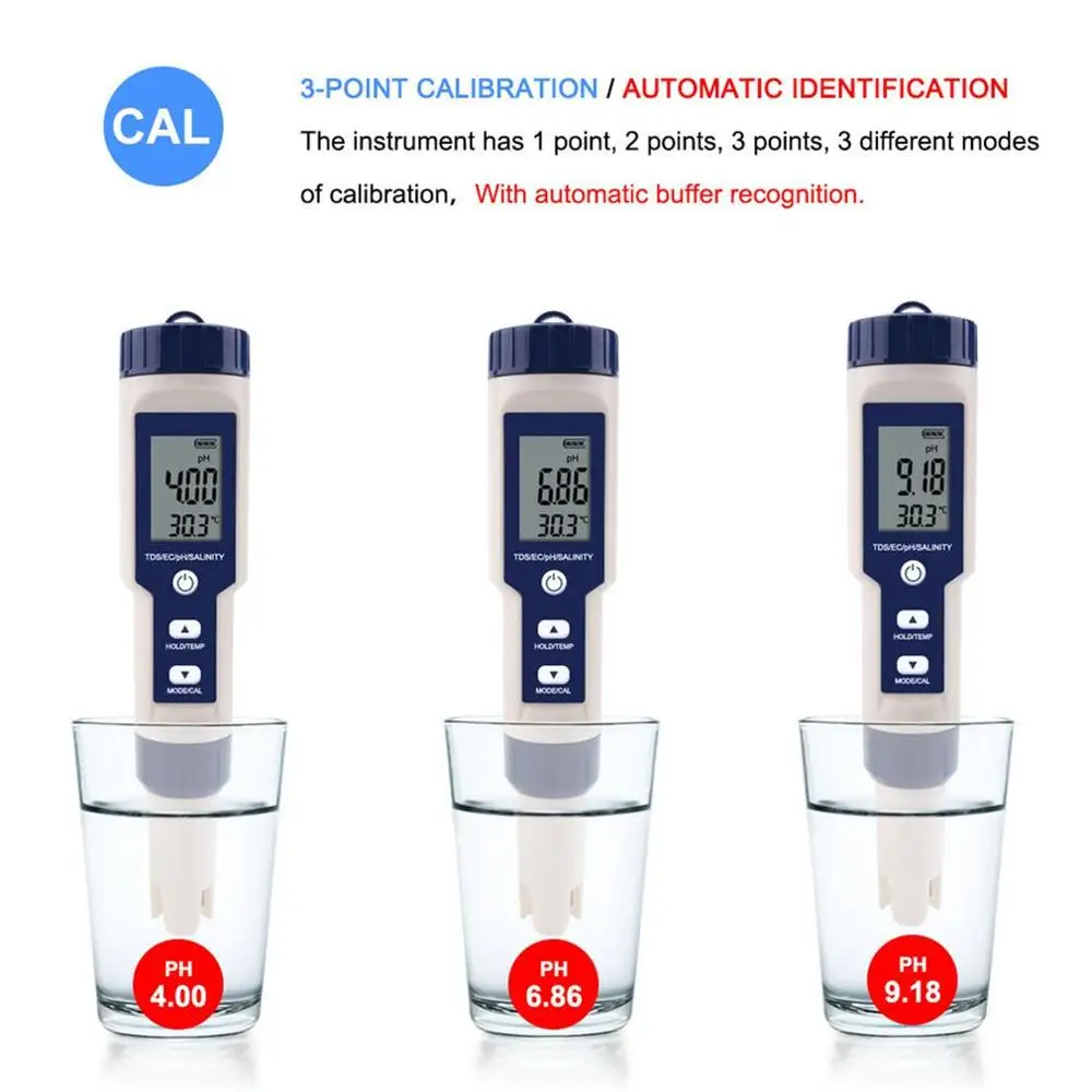 

5 in 1 TDS/EC/PH/Salinity/Temperature Meter Digital Water Quality Monitor Tester for Pools Drinking Water Aquariums