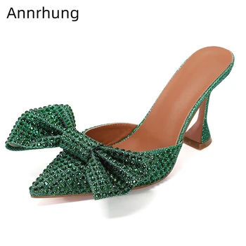 

Drill Rhinestone Butterfly-knot Party Shoes Woman Bling Sequined Cloth Pointed Toe Goblet Heel Bowknot Women Slippers