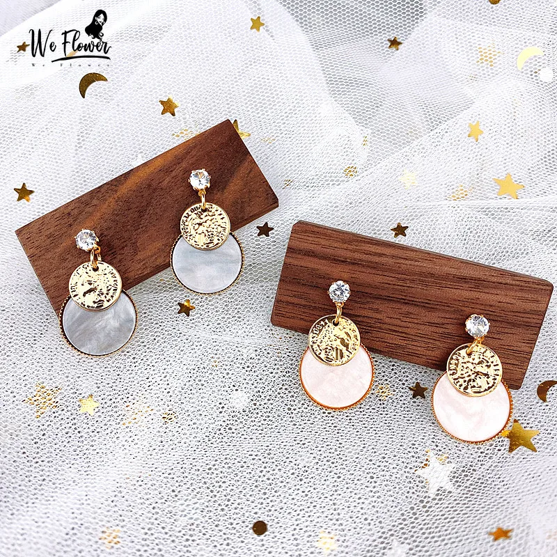 

We Flower Gold Badge Round Rhinestone Stud Earrings Fashion Korean Boho Earrings for Women Female Girls Chic Brincos Ear Jewlery