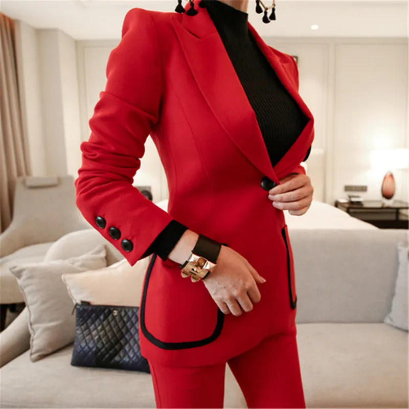 Korean Style Blazer 2 Pieces Set 2019 Autumn Fashion Pure Color Single Button Notched OL Bussines Office Lady Blazer Pants Suit