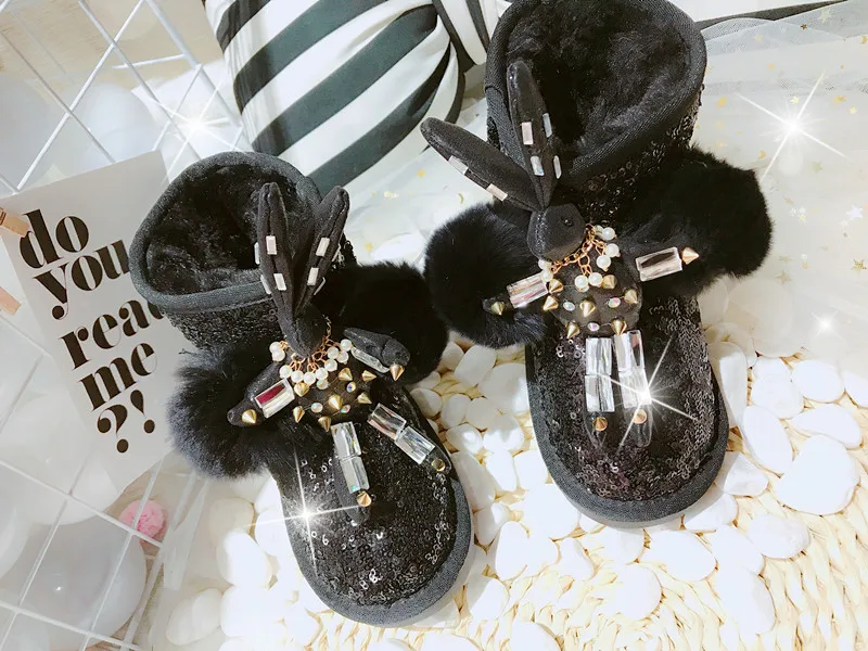 Новые зимние детские меховые детские теплые ботинки ботильоны с блестками для девочек Детская блестящая обувь брендовые ботинки с кроликом для малышей теплые черные ботинки