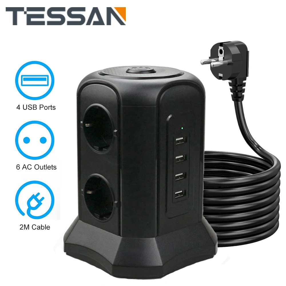 TESSAN Black Tower Power Strip Vertical overload protection with 6 AC Outlets 4 USB Ports 2M Extension Cord for Smartphone Mp3 |