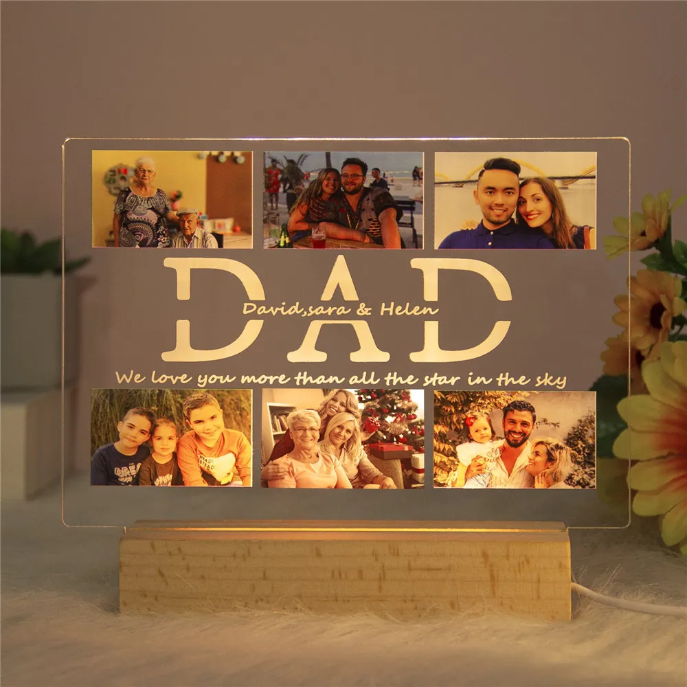 glass wall lights Personalized Love DAD LED USB Night Light Custom 6 Photos&Text Acrylic 3D Lamp for Father's Day Birthday Gift Room Decoration the range wall lights