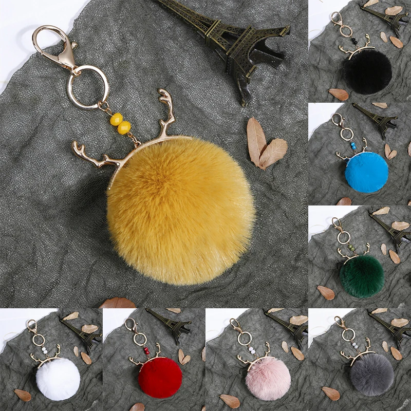 NEW Fashion Cute Fluffy Faux Fur Ball Elk Keychain Christmas Elk Pendant Keyring Handbag Car Key Charms Keychain Christmas Gift