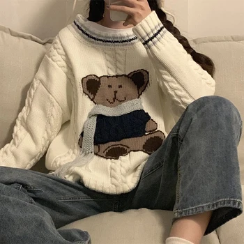 

Women's Casual Sweaters Japanese Kawaii Bear Ulzzang Chic Pullover Twist Sweater Female Korean Harajuku Cute Clothing For Women