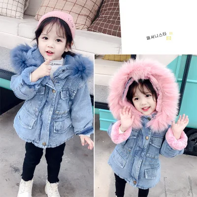 

Explosion models winter wear 3-7 years girl cowboy fur collar coat small collar denim plus velvet thickening girls baby jacket