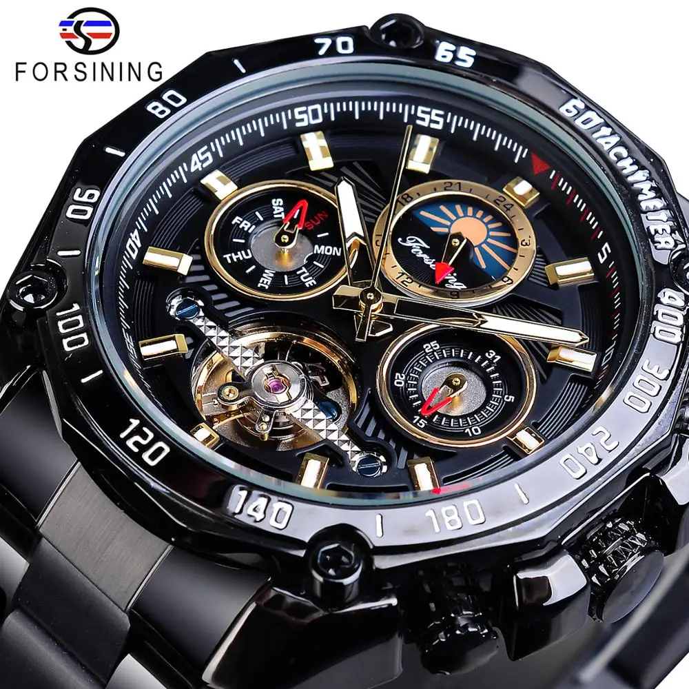 Forsining Clássico Preto Masculino Relógios Mecânicos Tourbillon Esqueleto Oco Auto-vento Data Moonphase Aço Cintos Relógio Automático