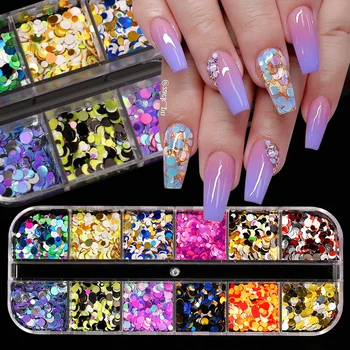 

12 Grids Holographics Nail Glitter Sequins Colorful Nail Art Flakes Palliette Mixed Size Round Flat Spangle Nail Art Decoration