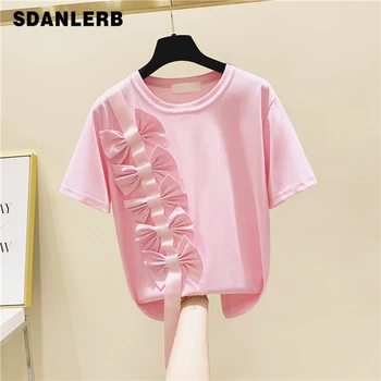 

Pink Tshirt for Women Fashion Three-Dimensional Bow Short Sleeve Summer T-shirt Female Loose Tops Lady's Bow Shirt Blusas Mujer
