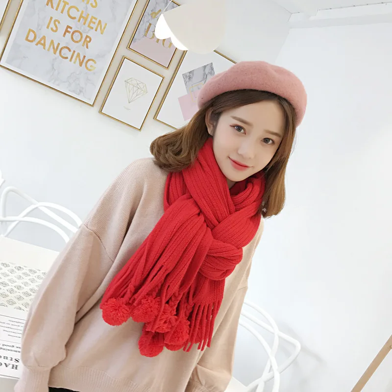 

Winter Ball Tassels Korean-style Knitted Candy-Colored Wool Scarf Long Warming Scarf Solid Color Versatile Decoration Towel