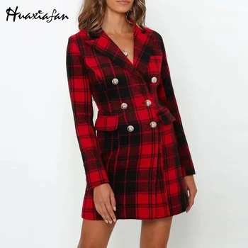 

Huaxiafan Women Dress Red Plaid Office Lady Notched Collar Jacket Dress Female Autumn Fashion Mini Dresses Double Breasted Decor