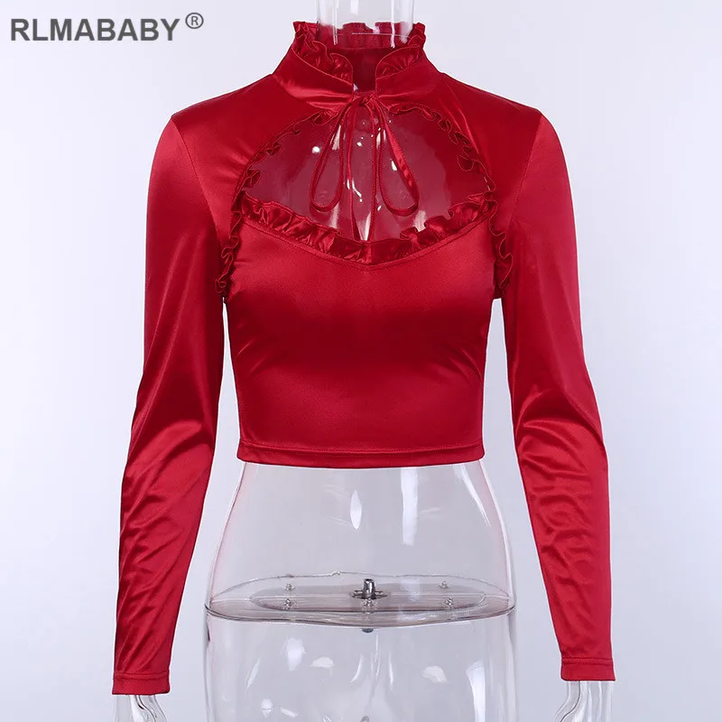 Red Top Rlmaaby красная Грудь выдалбливают оборками сексуальный женский укороченный топ со стоячим воротником с длинным рукавом бандажные женские футболки черные атласные топы с бантом - Цвет: Red Top