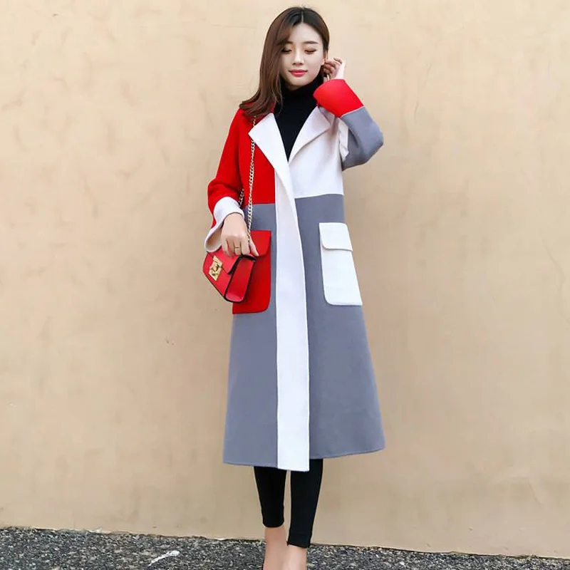 Новое Элегантное длинное шерстяное пальто контрастного цвета с лацканами, женское осеннее зимнее высококачественное пальто с длинными рукавами, верхняя одежда, длинное пальто