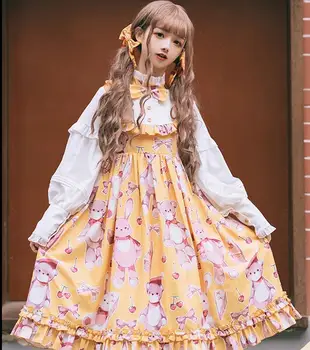 

Sweet lolita dress retro falbala stand bowknot cute printing high waist fake two pieces kawaii dress kawaii girl op loli cosplay