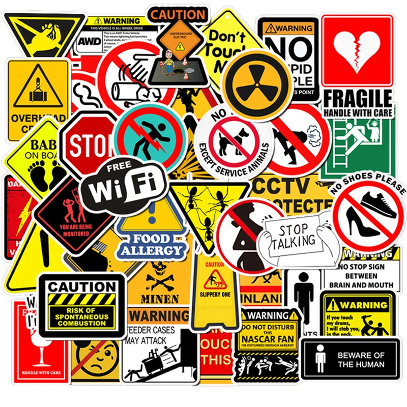 

50 PCS Warning Stickers Danger Banning Signs Reminder Waterproof Decal Sticker to DIY Laptop Motorcycle Luggage Phone Snowboard