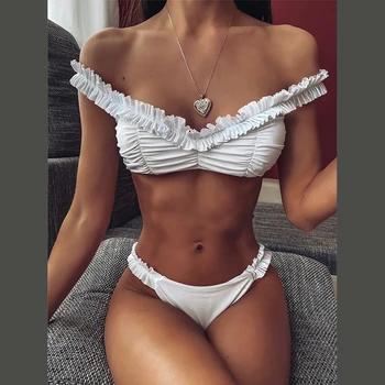 

2020 New Sexy White Pleated Bikini Off Shoulder Women Swimwear Female Swimsuit Two-Pieces Bikini Set Ruffled Bather Bathing Suit