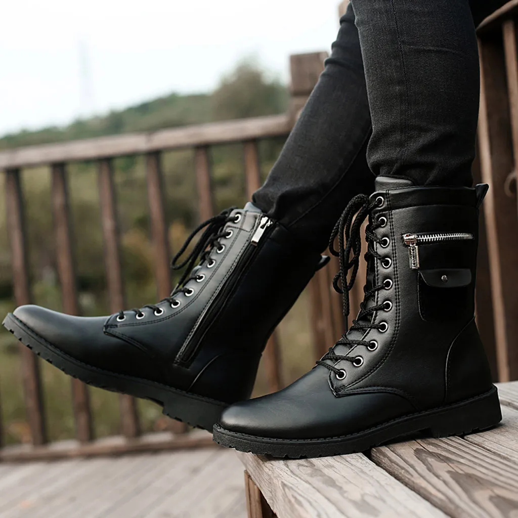 SAGACE Men's boots fashion pointed personality cool handsome military boots waterproof high boots lace tooling boots