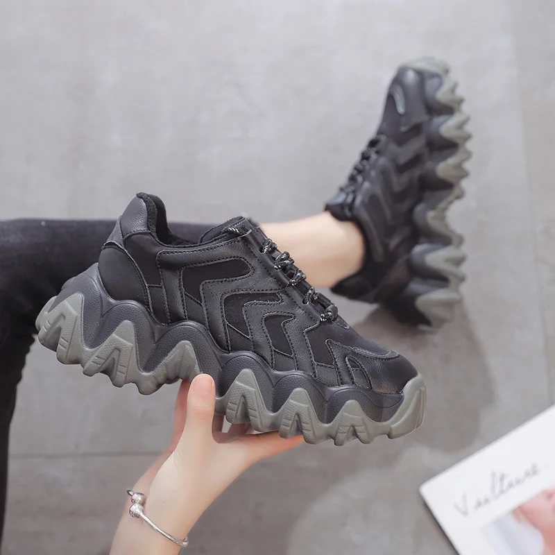 

Round Toe PU Platform Shoes Women Vulcanized Shoes Woman Autumn Spring Lace-up Sneakers Women Casual Rubber Ladies Dad Shoes2019