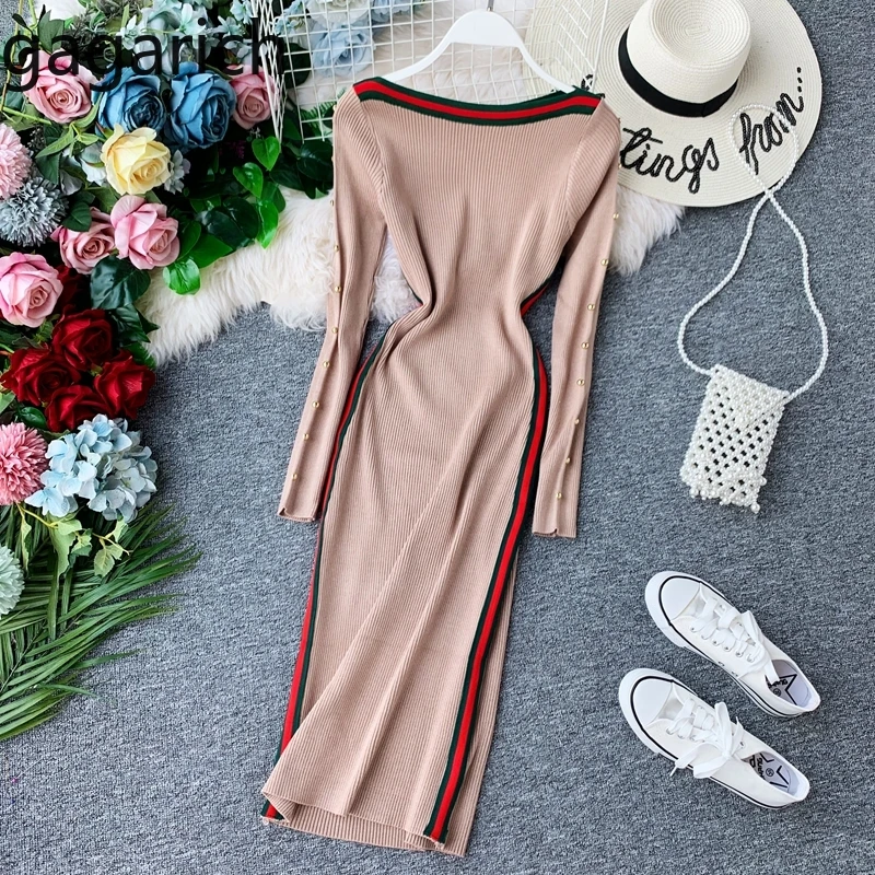 

Gagarich Autumn 2019 Fashion Dress Knitted Long Sleeve Solid Stretch Needle - Beaded Midi Ladies Dresses Vestidos Verano
