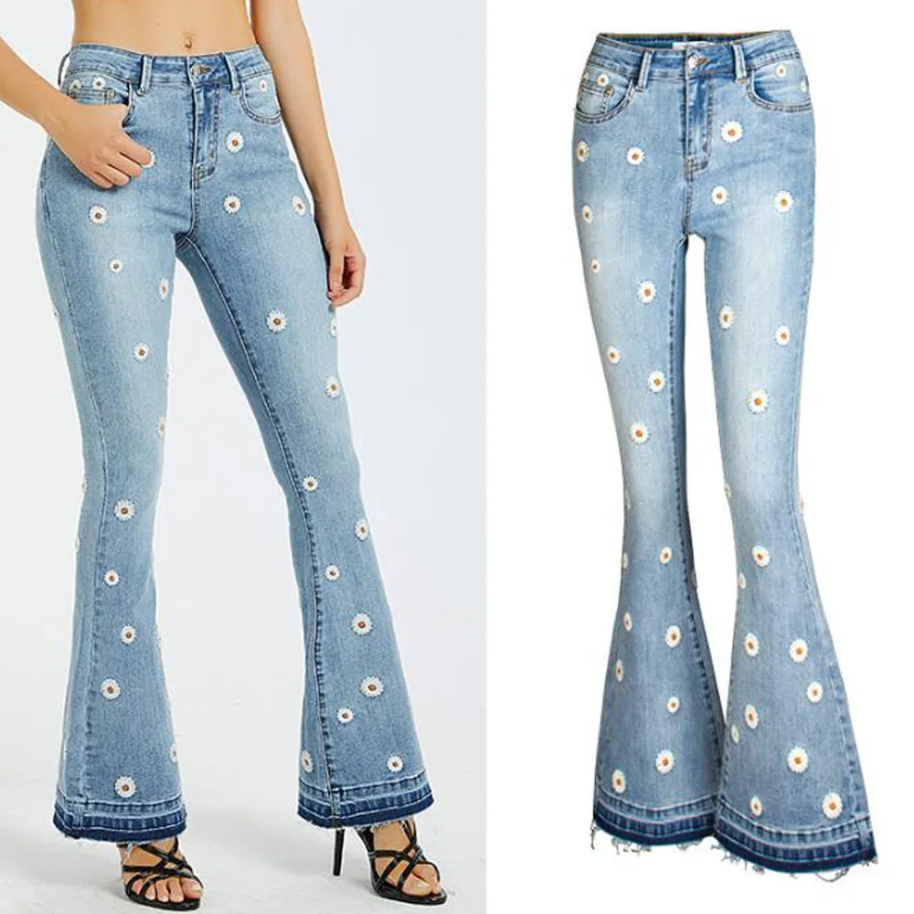 Женские джинсы с завышенной талией, расклешенные, Ретро стиль, Цветочная вышивка, тонкие Стрейчевые джинсовые штаны размера плюс, синие джинсы, широкие брюки