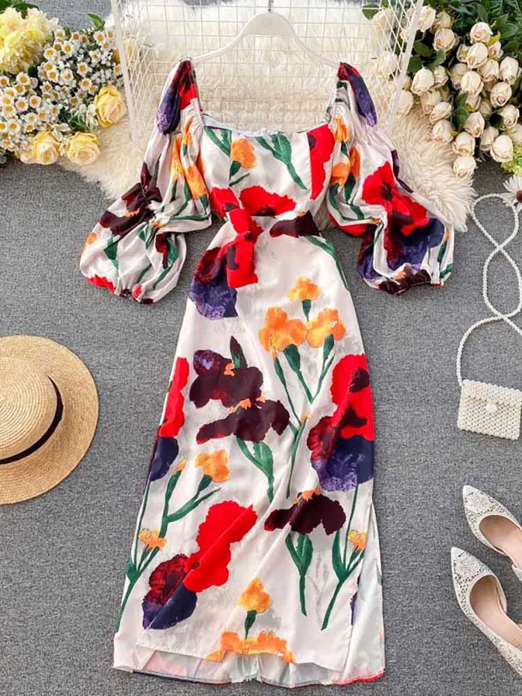 

NiceMix Vintage France Chic Floral Print Boho Dress Women Elegant Side Split Midi Bohemian Dress Casual Streetwear Vestidos