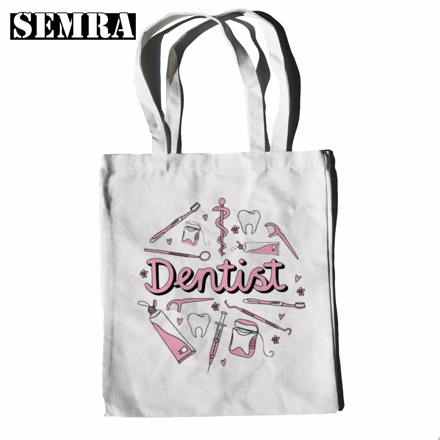 Tooth and Dentist Graphic Aesthetic Funny Fashion Black Canvas Print Shopping Bags Girls Fashion Life Casual Pacakge Hand Bag ladies shoulder bags Shoulder Bags