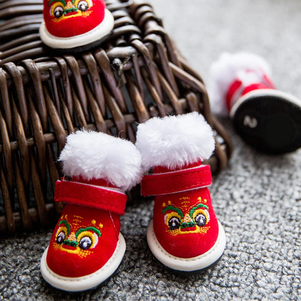 

4pcs Pet Dog Tiger Head Cotton Shoes Indoor Outdoor Winter Warm Shoes Teddy Non-Slip Boots With Adjustable Fastening Straps