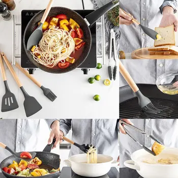

9/10/11/12pcs Silicone Cooking Utensils Set Non-Stick Baking Shovel Wooden Handle Tools Kitchenware Storage Box Premium Kitchen