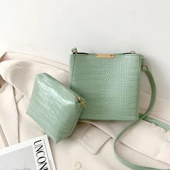 

Retro Alligator PU Leather Crossbody Bucket Bags 2pcs Women Solid Color Daily Shoulder Messenger Clutch Handbag Set