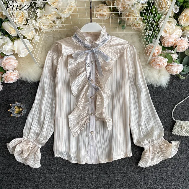 New Autumn Casual Bow Single Breasted Shirt Elegant Lady Ruffled Puff Sleeve Patchwork Shirt
