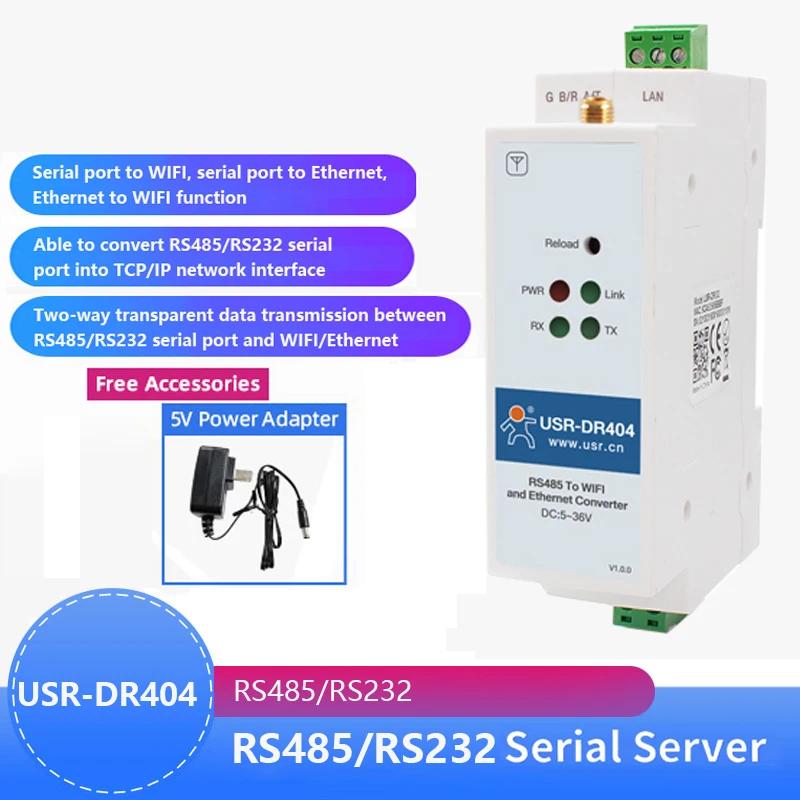 usr-dr404-din-рейка-wi-fi-rs485-Серийный-к-tcp-ip-wifi-ethernet-устройство-серверный-преобразователь-Стандартный-din-рейка-промышленного-класса