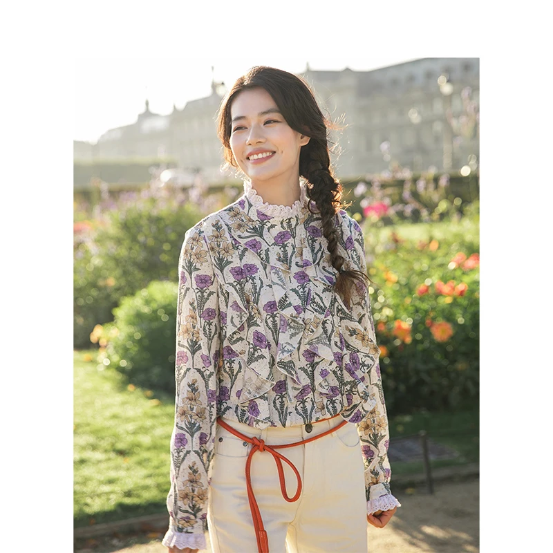 Kopen Inman Medium Hoge Kraag Literaire Retro Bloemen Vakantie Stijl Losse Lange Mouwen Vrouwen Blouse