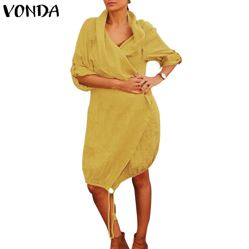 Однотонное платье для беременных с длинным рукавом, VONDA, женское винтажное повседневное хлопковое платье средней длины, богемные вечерние платья, женский сарафан