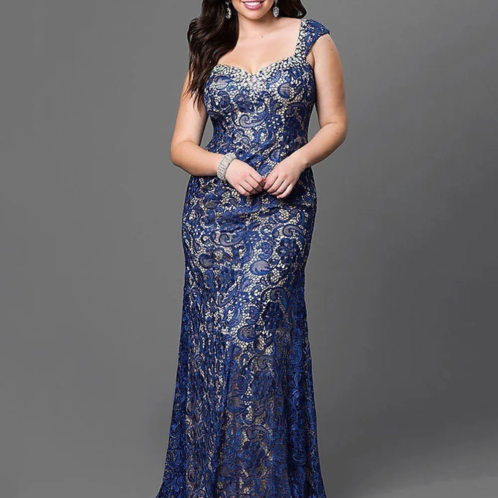 

Women Cocktail Dresses Long Mermaid Plus Size Lace Sleeveless Floral Hollow Floor-Length Blue Elegant Party Dress Summer