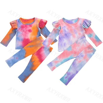 

1-5Y Autumn Infant Baby Girls Clothes Tie Dye Print Long Sleeve Bodysuit+Pants Children Kids Ribbed Knitted Outfits Clothing