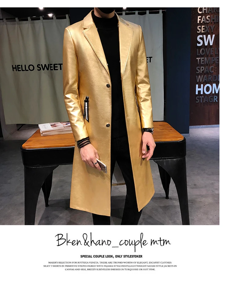 Для мужчин пальто роскошный Veste Homme золотые длинные пальто Slim Fit Chaqueta Cuero Hombre большой меховой воротник Для мужчин s Искусственная кожа пальто-тренчи