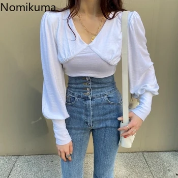 

Nomikuma Deep V-neck Slim Women T Shirts Korean Patchworl Lantern Long Sleeve OL Style Tshirt 2020 New Office Top Tees 3Z216