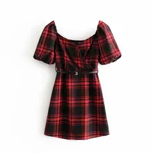 Новинка, Женский винтажный проверенный плед, платье с принтом на поясе, женские эластичные платья с v-образным вырезом на спине, повседневные Мини платья DS2836