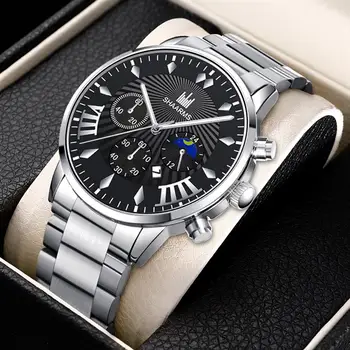 

SHAARMS Men Sport Date Watch Silver Stainless Steel Quartz Wristwatch Fashion Man Business Watches Relogio Masculino