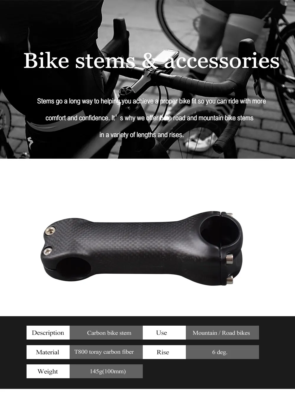 Description Picture 6 of itemAIRWOLF Carbon Stem 6 Degree Bicycle Handlebar Stem 6 Â° Diameter 31.8 Size 80 90 100 110 120 130 mm 3K Matte Glossy MTB Stem