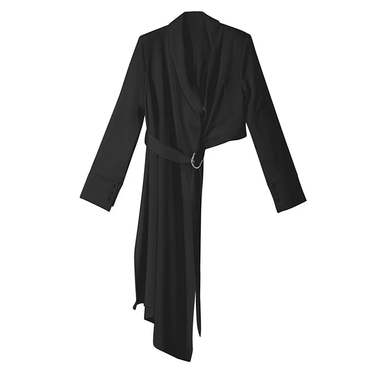 [EAM] Женская длинная Асимметричная Блузка с поясом по бокам, новая свободная рубашка с отворотом и длинным рукавом, модная весенняя Осенняя 1A239