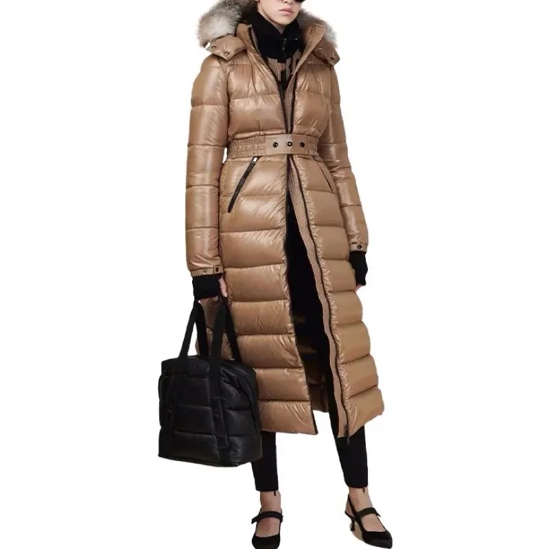 Модная зимняя женская куртка-пуховик на утином пуху, пальто с поясом и шапкой, высококачественные парки для женщин, плотное теплое пальто на молнии с воротником-стойкой