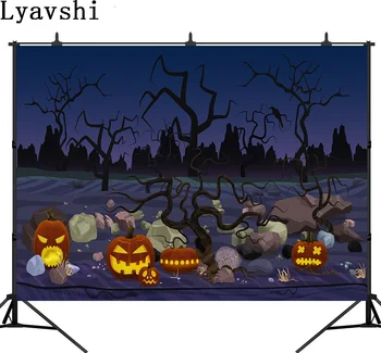

Lyavshi Halloween illustration of mystery forest with pumpkin lanterns for placed in stones at night photography background