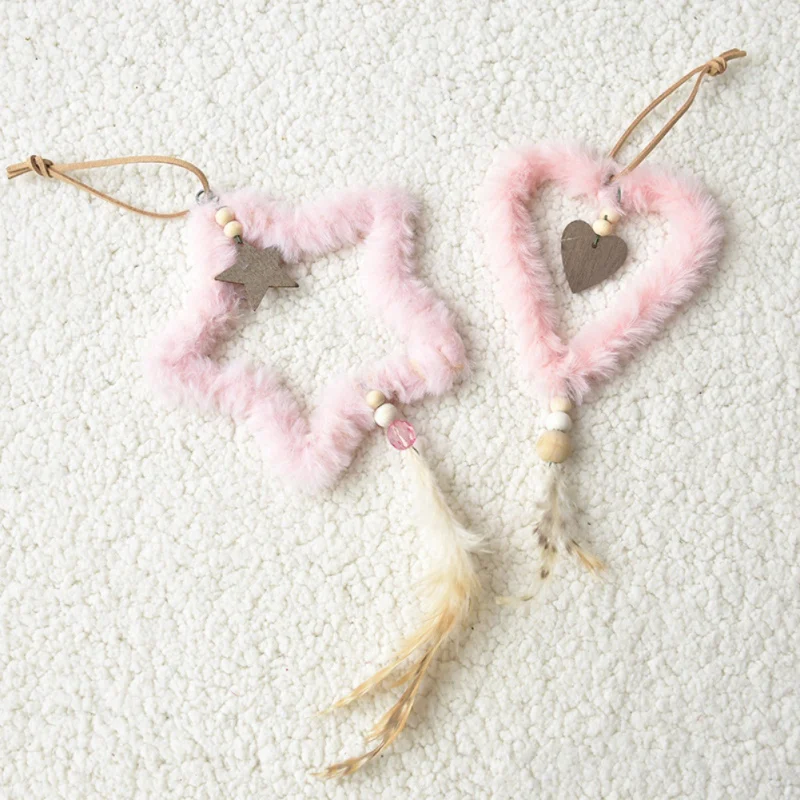 Creative Plush Christmas Tree Hanging Pendant Pink White Heart Star Feather Ornament Christmas Decoration for Home Xmas
